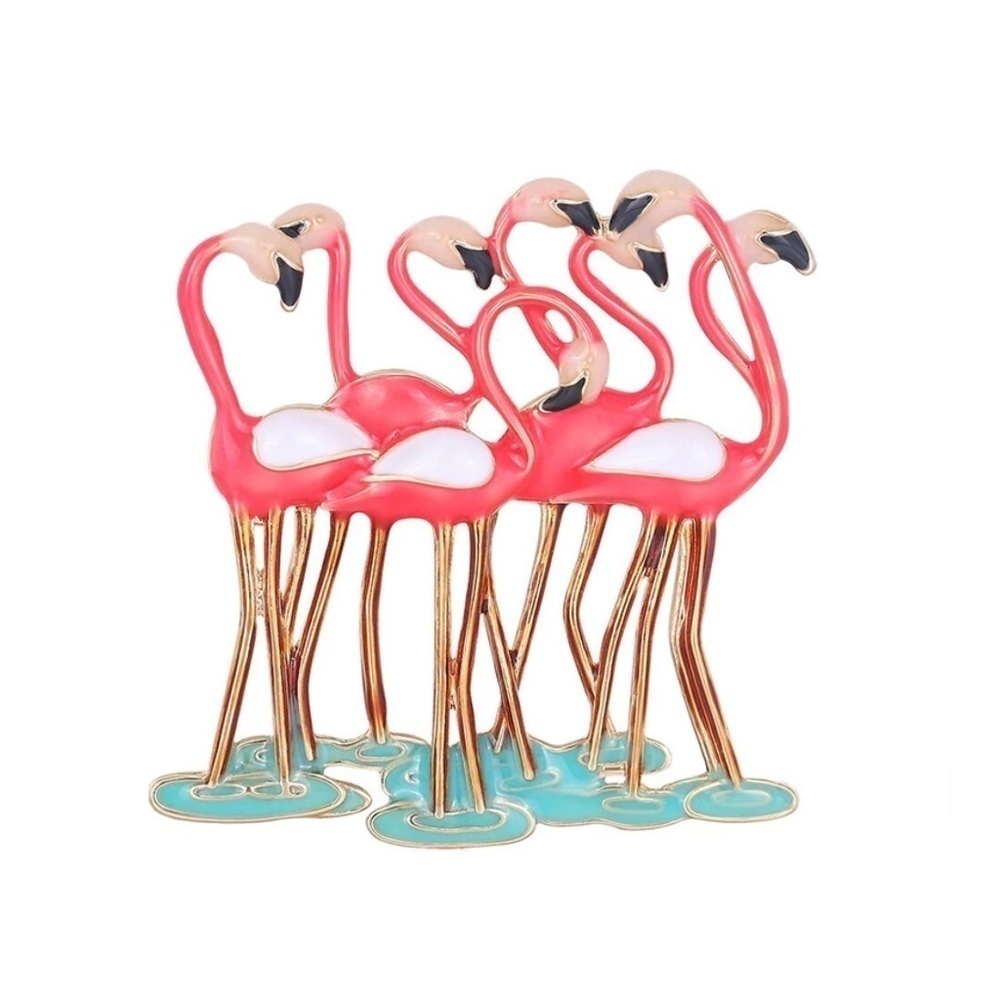Pink Flamingo Brooch – Tropical Bird Pin with Gold Accents – Summer Jewelry